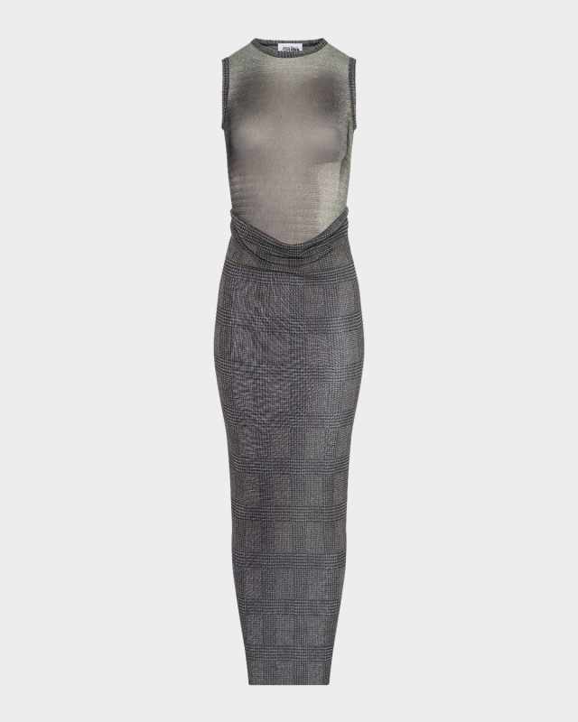 Check Layered Mesh Sleeveless Maxi Dress
